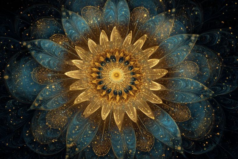 Fleur design geometrique symetrie fractal nature etincelle texture creativite beaute imagination infinite Grande fleur complexe au centre, entourée par un fond sombre et étoilé. La fleur est composée de multiples couches de pétales, chacun se chevauchant. Les pétales sont un mélange de bleu profond et de jaune doré, avec un effet de dégradé qui passe doucement d'une couleur à l'autre. Le centre de la fleur est d'un jaune vif, avec un petit point bleu foncé à son coeur. Les pétales sont ornés de minuscules points dorés scintillants qui ajoutent une touche d'éclat et de profondeur au design. Le fond est sombre, avec quelques étoiles dispersées qui ajoutent une sensation de profondeur et de dimension à l'image. L'effet global est celui d'élégance et de beauté, avec un sentiment de mouvement et d'énergie qui attire le spectateur