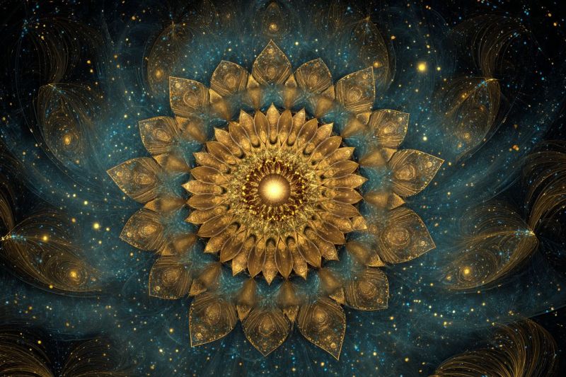 Blue bright colorful complex design flower fractal geometric glow golden pattern space star large, intricate golden flower at its center, surrounded by a complex, swirling blue and teal background. The flower has multiple layers of petals, each one detailed with a golden hue and a slightly glossy finish. The petals are arranged in a circular pattern, creating a sense of depth and movement. The center of the flower is a bright, golden circle, which seems to emit light. The background is filled with a myriad of small, sparkling dots that resemble stars, adding to the celestial feel of the image. The overall composition is rich in texture and detail, with a sense of symmetry and balance.