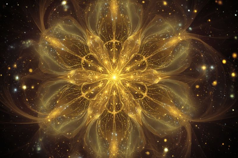 Flower bright cosmos decoration design fractal galaxy glow golden pattern space star radiant, golden-yellow flower-like structure at its center, surrounded by intricate, flowing lines that resemble petals or rays. The flower is set against a dark, starry background, with tiny, sparkling dots of light scattered throughout, giving the impression of a night sky. The central flower is bright and luminous, with a warm, golden hue that contrasts sharply with the dark background. The overall effect is one of ethereal beauty and otherworldly wonder.