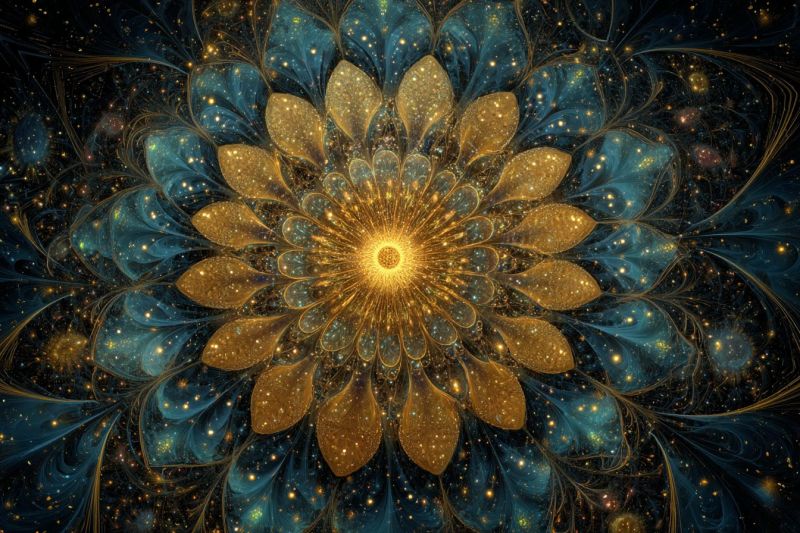 Bleu brillant complexe cosmique design fleur fractal geometrique lumineux dore espace etoile Grande fleur complexe au centre, entourée par un arrière-plan abstrait complexe. La fleur est composée de pétales dorés qui rayonnent vers l'extérieur, créant un sentiment de profondeur et de mouvement. Les pétales sont superposés et se chevauchent, donnant à la fleur une apparence tridimensionnelle. Le centre de la fleur est d'un jaune vif, ressemblant à un soleil, avec quelques petites étoiles éparpillées autour. L'arrière-plan est d'un bleu profond, avec des motifs tourbillonnants et un effet de galaxie, ajoutant à l'atmosphère mystique et éthérée. La composition globale est très détaillée, avec un mélange de formes organiques et géométriques qui se fondent harmonieusement ensemble.