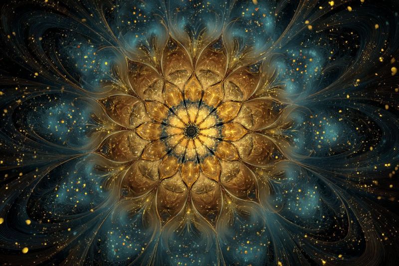 Beautiful blue bright colorful complex design flower fractal geometric glowing gold golden pattern sparkle texture central circular design with intricate patterns radiating outward. The central part is golden-brown, resembling a flower with layered petals. Surrounding this central area, there are swirling blue and teal patterns that look like flowing water or smoke. Scattered throughout the design are small, bright yellow dots that add a touch of sparkle. The background is dark, enhancing the contrast of the vibrant colors and patterns. The overall effect is mesmerizing and dynamic, with a sense of movement and depth.
