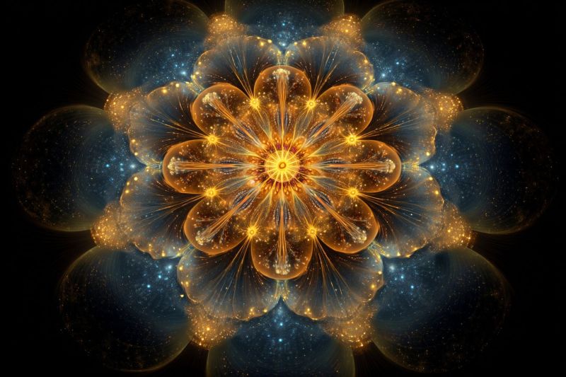 Magnifique bleu lumineux cosmos design fleurs fractal galaxie eclat dore Vibrant, design floral abstrait placé sur un fond sombre. La fleur est composée de plusieurs couches de pétales, chaque couche rayonnant vers l'extérieur à partir d'un point central. Les pétales sont translucides, avec un dégradé de couleurs allant du bleu profond sur les bords au jaune vif et orange vers le centre. Le centre de la fleur est un coeur jaune-orange radieux, entouré d'un anneau de petits points jaunes lumineux. Les pétales sont finement détaillés, avec une qualité délicate, presque éthérée. Le fond est sombre, avec de faibles points bleus et blancs dispersés qui ressemblent à des étoiles, ajoutant à l'ambiance mystique et irréelle de l'image