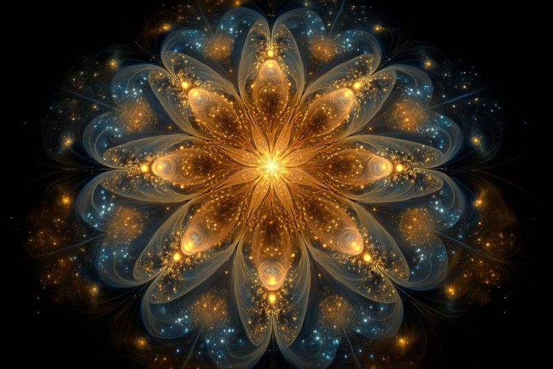 Flower beautiful blue bright colorful complex design fractal geometric glow golden pattern star texture large, intricate flower-like design set against a dark background. The flower has multiple layers of petals, each one overlapping the next, creating a sense of depth. The petals are translucent, with a gradient of colors from the center outward. The center of the flower is bright yellow, transitioning into warm gold and then into cooler tones of blue and white as it moves outward. The petals are adorned with tiny, sparkling dots that resemble stars, adding a celestial touch to the design. The overall effect is one of a radiant, glowing flower, with a sense of movement and energy emanating from its center.