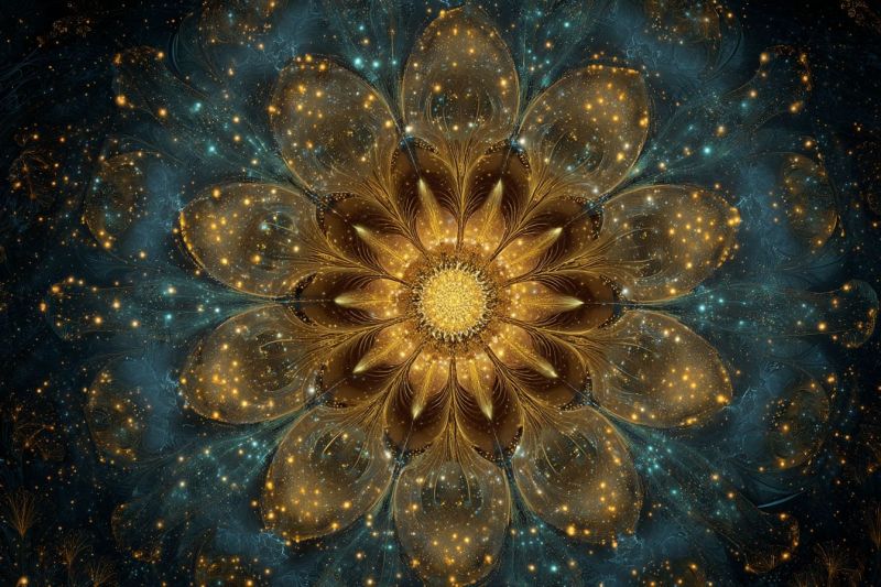 Flower beautiful blue bright colorful cosmos decoration design elegant fantasy floral fractal galaxy glowing golden large, intricate flower at its center, composed of golden petals that radiate outwards. The petals are layered and textured, giving the flower a three-dimensional appearance. The flower's core is a bright yellow, surrounded by a gradient of gold and brown hues. The background is a deep blue, adorned with scattered golden and blue stars, creating a starry night effect. The overall composition is symmetrical, with the flower's petals and stars arranged in a harmonious pattern. The image evokes a sense of wonder and beauty, with the flower's intricate details and the starry backdrop.