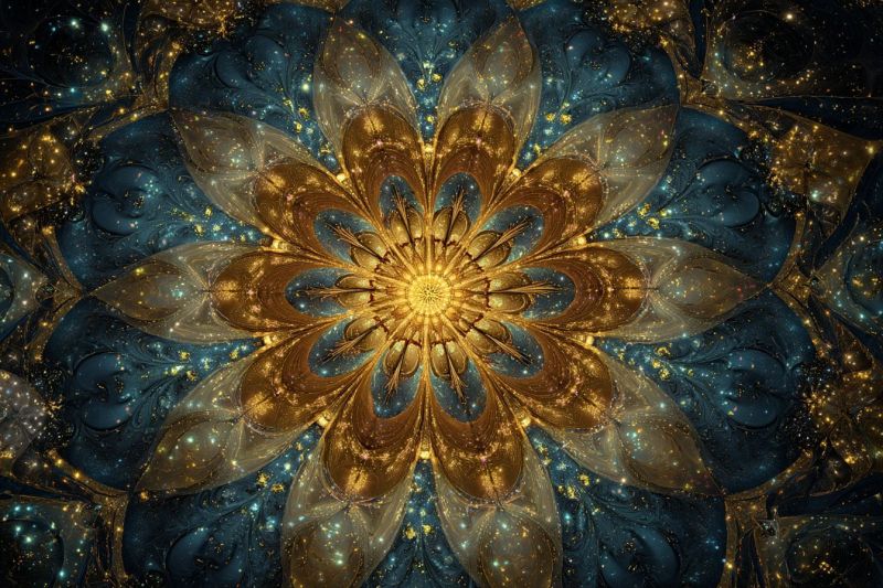 Blue bright colorful complex design flower fractal geometric glowing gold golden pattern star texture large, intricate flower at its center, composed of golden petals that radiate outwards. The petals are layered and textured, giving a sense of depth and richness. The flower is surrounded by a complex pattern of blue and gold, with swirling, abstract shapes that resemble leaves or petals. The background is a deep blue, dotted with small, sparkling lights that add a sense of movement and depth. The overall effect is one of opulence and complexity, with a focus on the central flower as the main subject.