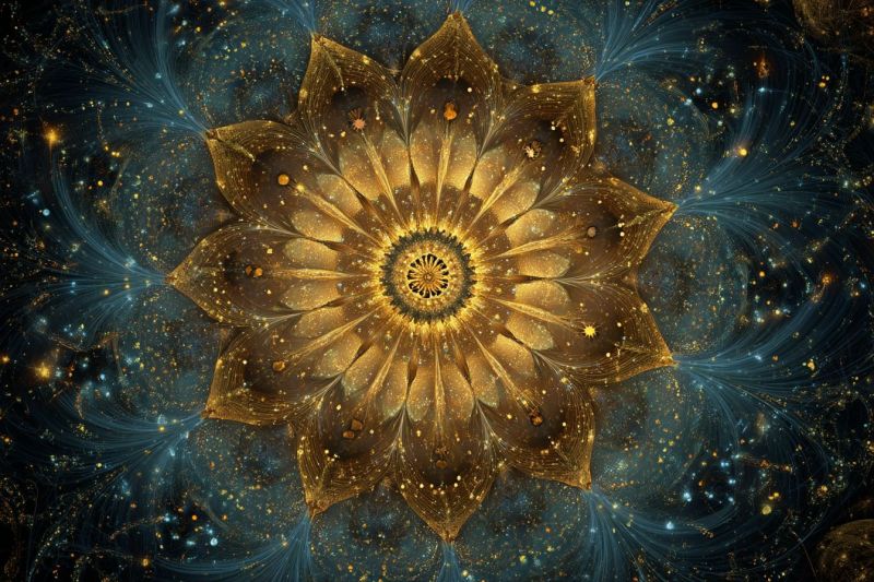 Flower blue bright colorful cosmos design fractal galaxy geometric glow golden nebula pattern space large, intricate golden flower at its center, surrounded by a dark blue background. The flower has multiple layers of petals, each adorned with small, sparkling golden dots. The petals are slightly translucent, allowing the blue background to show through. The center of the flower is a small, circular golden ring, also dotted with golden specks. The background is filled with delicate, blue, feather-like patterns that extend outward from the flower, creating a sense of depth and movement. Scattered throughout the background are tiny, glowing blue and yellow dots, adding to the ethereal quality of the image.