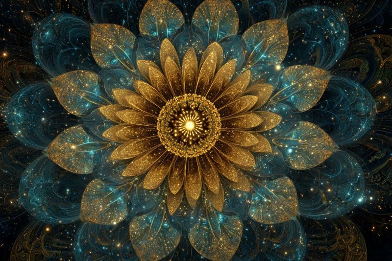 Flower blue bright colorful cosmos design fractal galaxy geometric glow golden pattern space star large, intricate flower with a golden center and multiple layers of petals. The petals are a mix of gold and teal, with a shimmering, almost metallic texture. The background is dark blue, with swirling patterns and tiny, glowing dots that resemble stars. The flower appears to be floating in a space that is both ethereal and otherworldly, with a sense of depth and dimension. The overall effect is one of beauty, complexity, and a touch of mystery.
