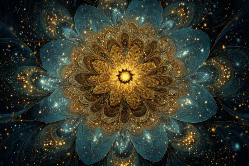 Fleur magnifique bleu lumineux complexe design elegant fractal geometrique eclatant dore etoile Grande fleur complexe en son centre, composée de pétales tourbillonnants et superposés dans des nuances de bleu, or et jaune. Les pétales sont finement détaillés, avec un mélange de surfaces lisses et texturées, créant un sentiment de profondeur et de mouvement. Le coeur de la fleur est d'un jaune doré brillant, entouré d'un dégradé de jaunes et de bleus plus clairs. Le fond est sombre, avec des lumières dorées et bleues dispersées qui ressemblent à des étoiles, ajoutant à l'atmosphère mystique et éthérée. La composition globale est très détaillée et vibrante, avec un accent mis sur le design complexe de la fleur et l'interaction entre la lumière et la couleur