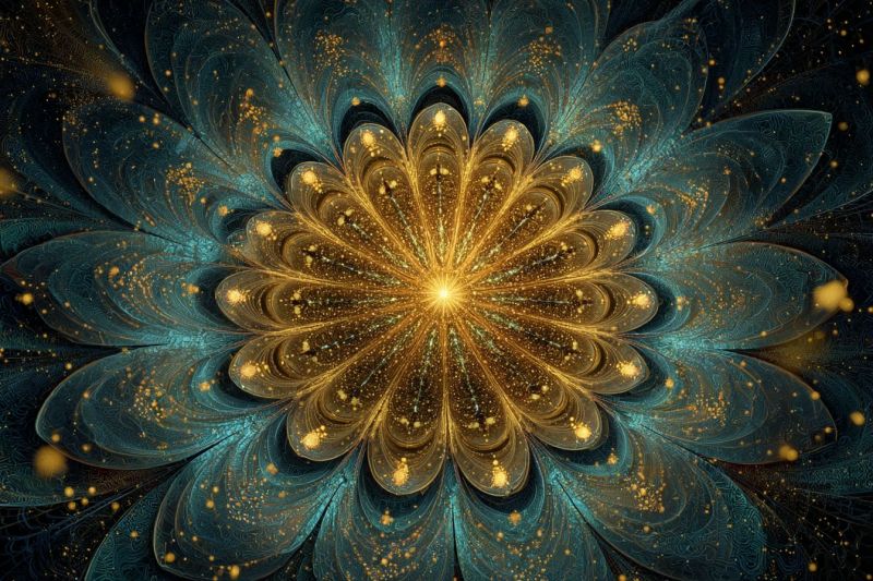 Magnifique bleu brillant complexe design fleur fractal geometrique eclat dore texture jaune Grande fleur complexe avec un schéma de couleurs bleu foncé et or. La fleur a plusieurs couches de pétales, chacune avec une nuance légèrement différente de bleu et d'or. Le centre de la fleur est d'un jaune vif, irradiant vers l'extérieur. Les pétales sont ornés de petits points dorés qui ajoutent un effet étincelant. Le fond est sombre, mettant en valeur les couleurs vives de la fleur. Le design global est très détaillé et symétrique, donnant l'impression d'une pièce d'art méticuleusement élaborée.