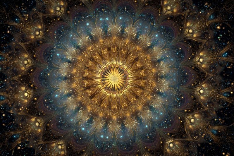 Beautiful blue bright colorful complex cosmic design elegant energy feather flower fractal galaxy geometric glow golden vibrant, intricate design centered around a golden circular pattern. This central circle is surrounded by a series of overlapping, feather-like shapes in shades of gold, blue, and purple. The design is highly detailed, with a mix of smooth and textured elements, creating a sense of depth and movement. The background is dark, enhancing the bright colors of the central motif. The overall effect is mesmerizing and complex, with a sense of symmetry and balance.