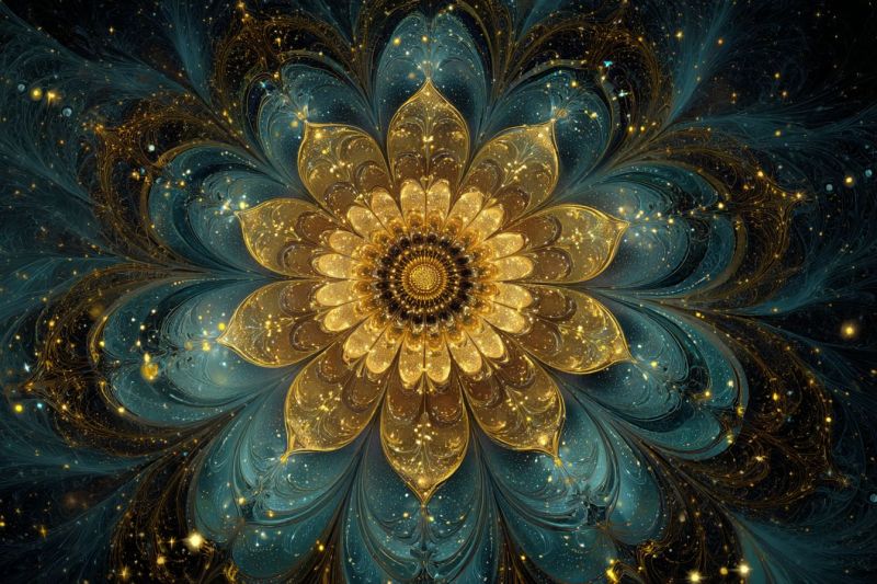 Magnifique bleu design fleurs fractals geometrique dore Grande fleur complexe au centre, composée de pétales dorés avec un fond bleu foncé et noir. Les pétales sont superposés et détaillés, avec une teinte dorée qui brille intensément contre les tons plus sombres. Le centre de la fleur est d'un brun profond et riche, entouré de cercles concentriques de doré et de brun. Les pétales sont ornés de petits points dorés étincelants qui ajoutent une touche d'éclat. Le fond est d'un bleu profond, avec des motifs complexes qui ressemblent à des feuilles ou des vignes, ajoutant de la profondeur et de la texture à l'image. L'effet global est celui d'une élégance et d'une complexité, avec la fleur dorée qui se détache sur le fond plus sombre.