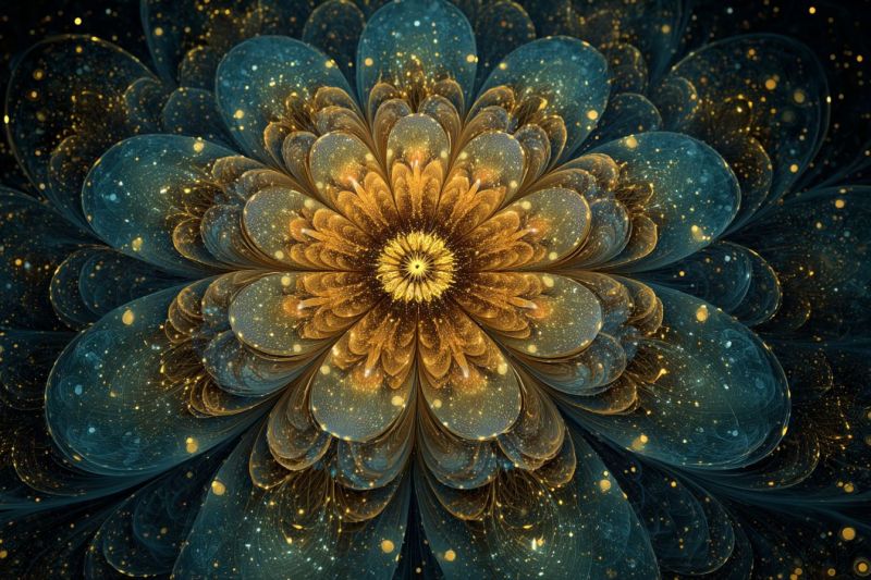 Flower beautiful blue bright colorful complex design fractal geometric gold golden pattern texture yellow large, intricate flower with a dark blue and gold color scheme. The flower has multiple layers of petals, each with a slightly glossy, metallic texture. The center of the flower is a bright yellow, radiating outwards in a circular pattern. Surrounding the flower are smaller, scattered golden dots that resemble stars, adding a cosmic feel to the design. The background is dark, enhancing the vibrant colors of the flower and its details.