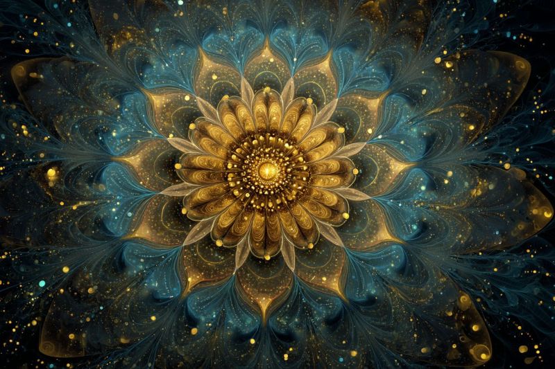 Beautiful blue bright colorful complex design flower fractal geometric gold golden glowing pattern texture yellow large, intricate flower at its center, surrounded by a complex pattern of swirling, fractal-like shapes. The flower itself is composed of multiple layers of golden petals, each one overlapping the next, creating a sense of depth and dimension. The petals are adorned with small, sparkling gold dots that add a touch of sparkle and shine. The background of the image is a deep, rich blue, with hints of teal and gold that blend seamlessly into the flower's design. The overall effect is one of otherworldly beauty and complexity, with a sense of movement and energy that draws the viewer in.