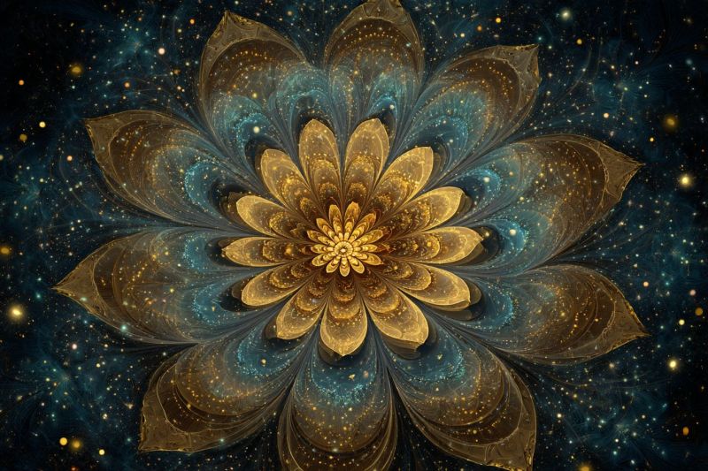 Flower beautiful blue bright colorful cosmos design flowers fractal galaxy golden petals rays large, intricate flower at the center, composed of golden and teal petals that appear to be made of metallic or glass-like material. The flower has a deep, textured center with a gradient of yellow to gold, surrounded by layers of petals that shimmer and reflect light. The background is a deep blue, dotted with small, glowing yellow and white stars, creating a starry night effect. The overall composition gives a sense of depth and movement, as if the flower is floating in a cosmic space.