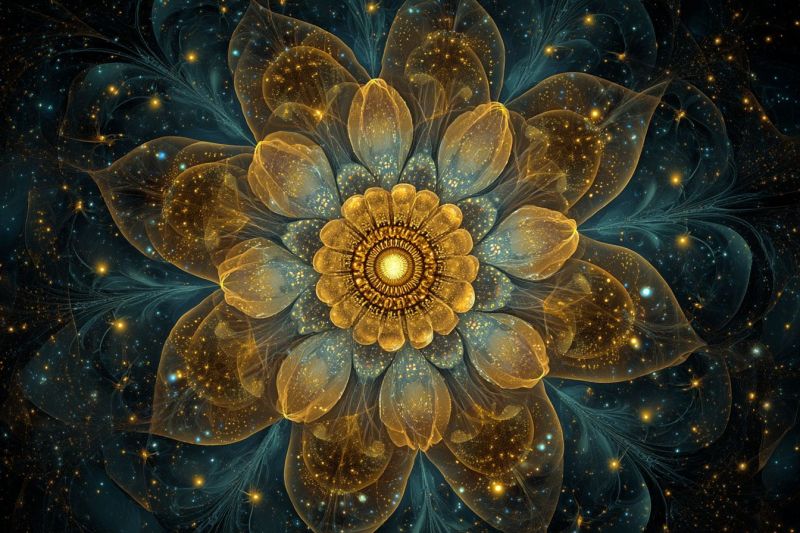 Fleur magnifique bleu lumineux cosmos decoration design elegant fantaisie floral fractal galaxie eclatant dore Grande fleur complexe en son centre, composée de pétales dorés et bleus qui se chevauchent et s'entremêlent. Le coeur de la fleur est un cercle jaune vif, rayonnant vers l'extérieur avec un motif de cercles concentriques. Autour de la fleur se trouvent des structures délicates en forme de plumes dans des nuances de bleu et d'or, créant un sentiment de profondeur et de mouvement. Le fond est un bleu profond et sombre, parsemé de minuscules points de lumière brillants qui ressemblent à des étoiles, ajoutant à l'atmosphère mystique et éthérée. La composition globale est très détaillée, avec un accent sur l'interaction de la lumière et de la couleur