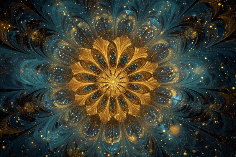 Blue colorful complex cosmic design elegant flower fractal geometric glowing gold golden pattern space star central golden-yellow flower with intricate, layered petals that radiate outward. Surrounding this flower is a complex pattern of blue and teal colors, resembling swirling waves or leaves, creating a sense of motion and depth. The background is dark, enhancing the vibrant colors of the flower and its surroundings. Scattered throughout are small, bright yellow and blue dots, adding a sparkling effect. The overall composition is symmetrical, with the flower at the center, and the colors and patterns create a mesmerizing, almost hypnotic visual experience.