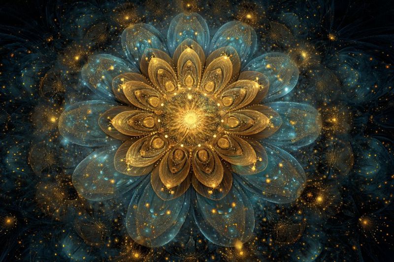 Fleur magnifique bleu lumineux complexe design fractal geometrique eclat dore etoile texture Grande fleur complexe au centre, entourée par un fond sombre et étoilé. La fleur est composée de multiples couches de pétales, les pétales les plus extérieurs étant d'un bleu profond et les pétales les plus intérieurs d'un jaune doré. Les pétales sont ornés de motifs et de dessins complexes, donnant à la fleur une apparence tridimensionnelle. Le centre de la fleur est d'un jaune vif, avec un petit motif circulaire au milieu. Le fond est sombre, avec de petites étoiles dispersées et un effet de lueur faible. L'effet global est celui de beauté et de complexité, avec la fleur se détachant sur le fond sombre.