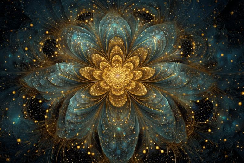 Blue bright colorful complex design flower fractal geometric glowing gold golden pattern star texture large, intricate flower at its center, composed of deep blue and gold petals that spiral outward in a fractal pattern. The flower's core is a radiant yellow, surrounded by concentric circles of gold and blue, creating a shimmering effect. The petals are adorned with tiny, sparkling gold dots that resemble stars, adding a celestial touch. The background is a deep, dark blue, dotted with more gold stars, enhancing the mystical and otherworldly atmosphere. The overall design is highly detailed, with a sense of depth and movement, as if the flower is floating in a cosmic space.