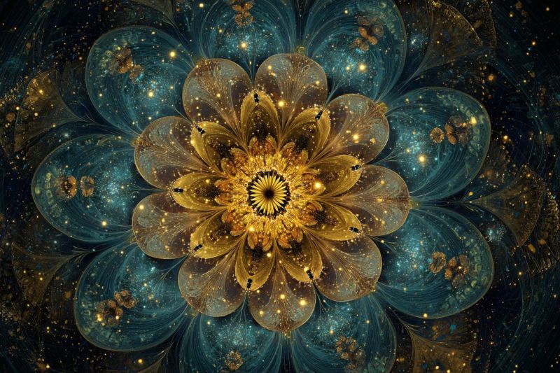 Papillon bleu complexe design fleur fractal geometrique eclat dore espace etoile Grande fleur complexe au centre, composée de multiples couches de pétales. Les pétales sont dorés et bleus, avec un éclat brillant, presque métallique. Le centre de la fleur est d'un jaune profond, rayonnant vers l'extérieur en un motif circulaire. Autour de la fleur se trouvent de plus petits motifs complexes qui ressemblent à des feuilles ou des pétales, ajoutant à la complexité de l'image. Le fond est d'un bleu profond, parsemé de petits points jaunes et dorés brillants, créant un effet de nuit étoilée. La composition globale est symétrique, avec la fleur et ses éléments environnants disposés de manière équilibrée et harmonieuse.