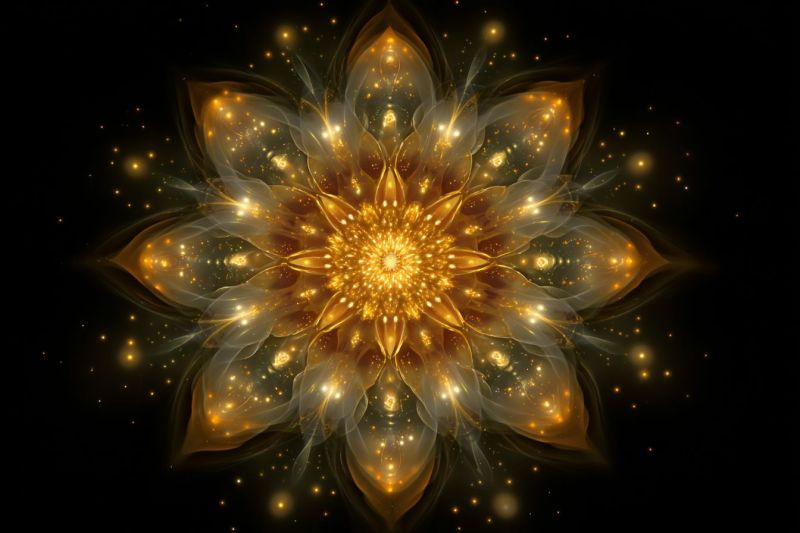 Flower beautiful bright center dark design flowers glow golden pattern petals shape sparkle large, intricate flower design at its center, radiating outwards with layers of golden and white petals. The flower is set against a dark background, which makes the golden and white colors of the petals stand out. The petals are arranged in a circular pattern, with the center of the flower being the brightest and most detailed part. The petals have a slightly wavy, flowing appearance, giving the flower a dynamic and lively feel. The background is dark, with scattered small, glowing dots of light that add to the overall mystical and ethereal atmosphere of the image.