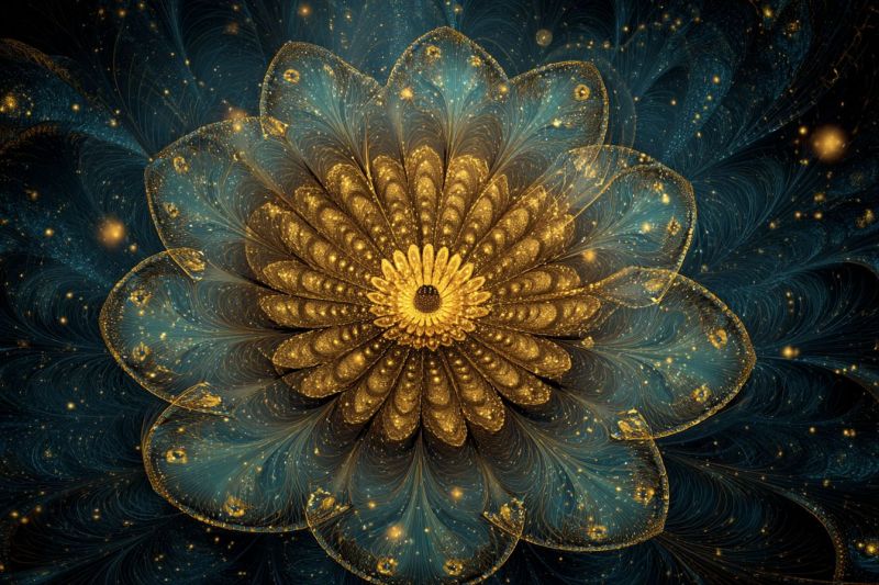 Fleur fractal design geometrique symetrie nature texture etoile espace infinite cosmos univers Grande fleur complexe en son centre, composée de multiples couches de pétales. Les pétales sont dorés et bleu turquoise, avec un effet dégradé qui passe du bleu turquoise foncé sur les bords à un centre doré vif. Le coeur de la fleur est d'un jaune vif, irradiant vers l'extérieur. Le fond est d'un bleu profond, orné de plus petits points dorés et jaunes dispersés qui ressemblent à des étoiles. Le design global est très détaillé, avec un sens de profondeur et de mouvement, comme si les pétales s'agitaient doucement. L'image a une qualité surréaliste, presque irréelle, avec un accent sur l'interaction de la lumière et des couleurs