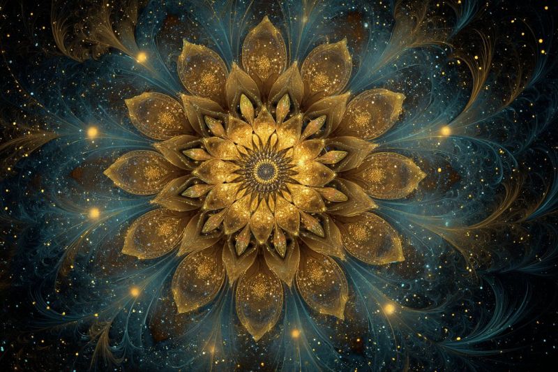 Beautiful blue bright colorful complex design flower fractal geometric glowing gold golden pattern star texture large, intricate golden flower at its center, surrounded by swirling blue and gold patterns that resemble a galaxy or nebula. The flower has multiple layers of petals, each with a slightly different shade of gold, creating a shimmering effect. The petals are arranged in a circular pattern, with the outermost petals appearing slightly larger and more detailed. The background is a deep blue, dotted with small yellow and white stars, adding to the celestial theme. The overall composition is highly detailed and vibrant, with a sense of depth and movement.