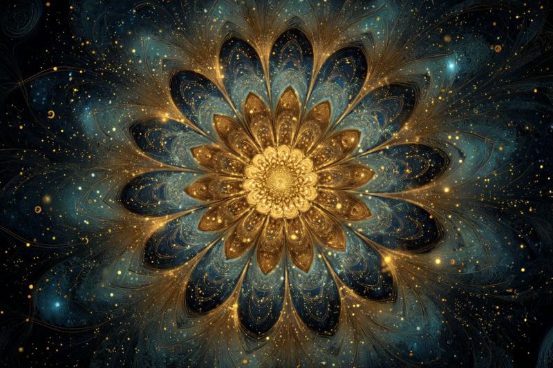 Magnifique bleu complexe design fleur fractal geometrique eclat dore ratio spirale triangle Grande fleur complexe au centre, entourée d'un arrière-plan sombre et étoilé. La fleur est composée de multiples couches de pétales, les pétales les plus extérieurs étant d'un bleu profond et les pétales les plus intérieurs d'un or riche. Les pétales sont disposés en un motif en spirale, créant un sentiment de profondeur et de mouvement. Le centre de la fleur est d'un jaune vif, avec une série de cercles concentriques rayonnant vers l'extérieur. L'arrière-plan est d'un bleu profond, avec de petites étoiles dorées dispersées à travers. L'effet global est celui de la beauté, de la complexité et de l'émerveillement.