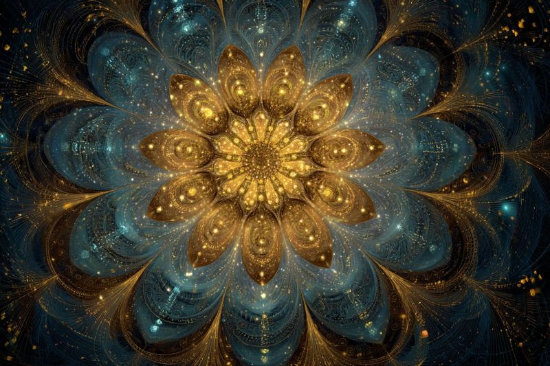 Bleu brillant complexe design fleur fractal geometrique eclat dore etoile texture Fleur dorée centrale avec des pétales complexes et superposés qui rayonnent vers l'extérieur. La fleur est entourée d'un motif abstrait complexe de bleu et d'or, ressemblant à une galaxie ou à une nébuleuse. Le fond est d'un bleu profond, parsemé de petits points dorés et bleus qui scintillent et donnent l'impression d'étoiles. L'effet global est fascinant et irréel, avec un sentiment de profondeur et de mouvement.