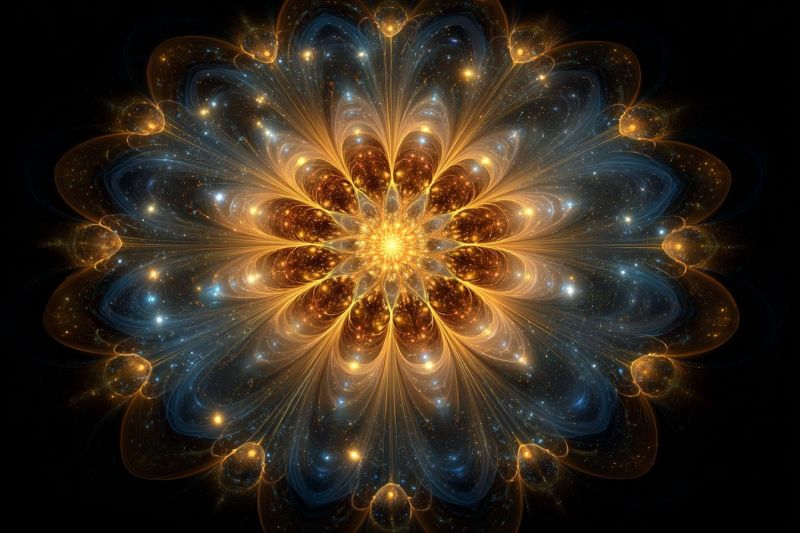 Bleu brillant design fleur fractals eclat dore orange espace Design abstrait vibrant ressemblant à une fleur. La fleur est composée de couches concentriques de motifs tourbillonnants dans des nuances de bleu, jaune et orange. Le centre de la fleur est d'un jaune vif, irradiant vers l'extérieur en couches de bleu et d'orange. Chaque couche a une qualité légèrement translucide, permettant aux couleurs de se mélanger et de scintiller. Les pétales de la fleur sont allongés et incurvés, créant une apparence dynamique et fluide. Le fond est sombre, améliorant le contraste et faisant ressortir la fleur de manière proéminente. L'effet global est celui du mouvement et de la profondeur, avec les couleurs et les motifs créant une expérience visuelle fascinante et complexe.