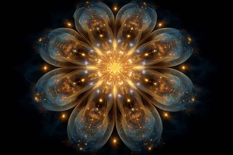 Fleur design geometrique symetrie fractal infinite cosmos espace etoile galaxie nebuleuse univers brillance radiance Grande fleur complexe au centre, entourée par un arrière-plan sombre. La fleur est composée de multiples couches de pétales translucides, chacun avec une texture légèrement ondulée, fluide. Les pétales sont principalement bleus et jaunes, avec des touches d'or et de blanc. Le centre de la fleur est d'un jaune vif et lumineux, irradiant vers l'extérieur en un motif circulaire. Les pétales ne sont pas uniformes en forme, donnant à la fleur une apparence dynamique, presque éthérée. L'arrière-plan est sombre, mettant en valeur les couleurs vives de la fleur.