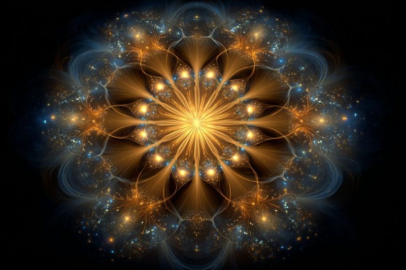 Bleu brillant complexe design fleur fractal geometrique eclat dore orange texture Design vibrant et circulaire avec un noyau doré central irradiant vers l'extérieur. Autour de ce noyau se trouvent des couches de motifs abstraits complexes dans des nuances d'orange, de jaune et de bleu. Les bords extérieurs du design sont ornés de structures délicates en forme de plumes qui s'étendent dans le fond. L'effet global est celui d'un mouvement dynamique et d'une énergie éclatante, avec un sens de profondeur et de complexité. Le fond est d'un bleu profond et sombre, offrant un contraste saisissant avec les éléments lumineux et brillants du design.