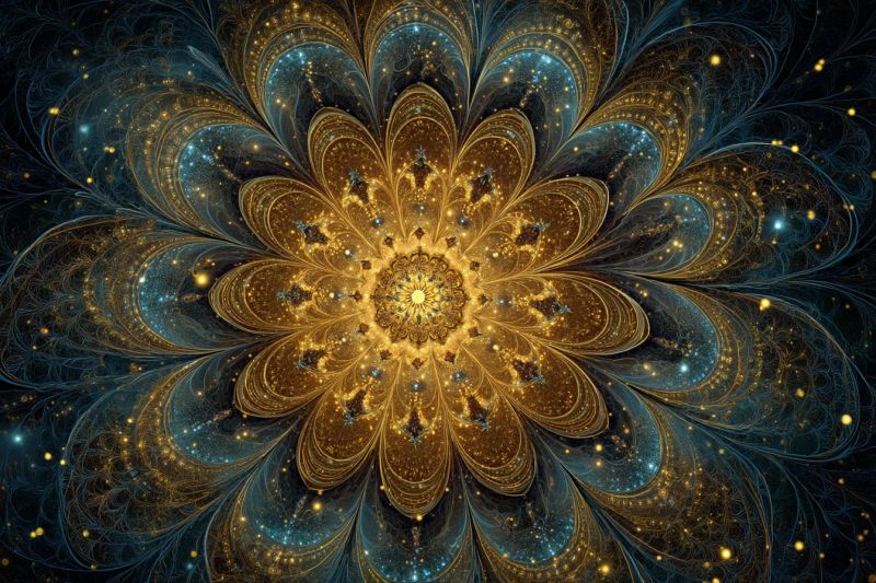 Magnifique bleu brillant complexe design fleur fractal geometrique lumineux dore etoile texture Grand dessin de fleur complexe au centre, entouré par un fond bleu foncé et profond. La fleur est composée de plusieurs couches de pétales, chaque couche étant plus détaillée que la précédente. Les pétales sont dorés et bleus, avec un mélange de motifs et de textures complexes qui donnent à la fleur une apparence tridimensionnelle. Le centre de la fleur est d'un jaune vif, avec un petit motif circulaire qui ajoute à la complexité de la fleur. Les pétales sont ornés de petits points de lumière scintillants, ajoutant une sensation de profondeur et de mouvement au dessin. L'effet global est celui de beauté, de complexité et d'émerveillement.