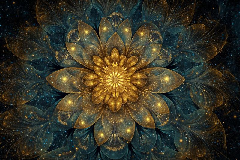 Flower beautiful blue bright colorful complex design fractal geometric glow golden pattern large, intricate flower at its center, composed of golden petals that radiate outwards. The petals are layered and have a glossy, metallic sheen, reflecting light that gives them a sparkling appearance. The flower is surrounded by a back of deep blue and teal colors, which are dotted with tiny, glowing yellow and gold dots that resemble stars. The overall effect is one of a cosmic or celestial scene, with the flower appearing to float in a space filled with a starry night sky. The background is dark, enhancing the brightness and vibrancy of the flower and its surrounding elements.