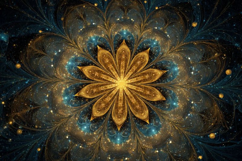 Blue bright colorful complex cosmic design flower fractal galaxy geometric glowing golden pattern space star central golden flower with intricate, layered petals that radiate outward. Surrounding the flower are swirling, abstract patterns in shades of blue and gold, creating a galaxy-like effect. The background is a deep blue, dotted with small, glowing yellow and gold dots that resemble stars. The overall composition is symmetrical, with the flower at the center and the patterns flowing outward in a harmonious, circular motion.