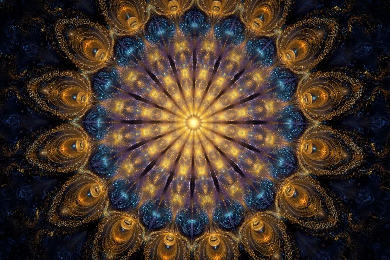 Bleu brillant complexe design plume fleur fractal geometrique dore ratio spirale triangle section moyenne Motif circulaire vibrant avec un noyau central jaune vif rayonnant vers l'extérieur. Autour du noyau se trouvent des couches de formes complexes et superposées dans des nuances de bleu, d'or et de violet. Ces formes ressemblent à des pétales ou des plumes, créant un effet texturé, presque tridimensionnel. Les bords extérieurs du motif sont plus sombres, accentuant le contraste avec le centre plus clair. Le design global est symétrique, avec un sentiment de mouvement et de profondeur, donnant l'impression d'un mouvement tourbillonnant dynamique.