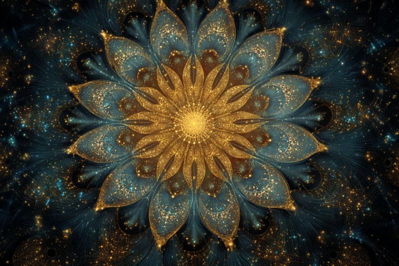 Fleur design geometrique symetrie fractal espace univers infinite cosmos galaxie nebuleuse explosion etoiles brillance Grande fleur complexe en son centre, composée de multiples couches de pétales. Les pétales sont dorés et bleus, avec un effet dégradé qui passe du bleu profond aux bords à un bleu plus clair et doré vers le centre. Le coeur de la fleur est d'un jaune vif et lumineux, entouré par une série de cercles concentriques qui imitent le design des pétales. Le fond est sombre, avec des points dorés et bleus dispersés qui ressemblent à des étoiles, ajoutant au thème céleste. L'effet global est celui d'une fleur mystique et d'un autre monde flottant dans un espace sombre et étoilé