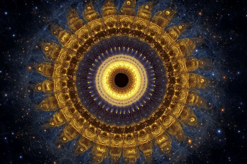 Blue circle colorful complex cosmic cosmos design eye fractal galaxy geometric golden infinity mathematics pattern space star starry night stellar uni central circular design with intricate golden patterns radiating outward. The center of the circle is dark, contrasting sharply with the bright, glowing yellow and gold hues of the surrounding patterns. These patterns are complex and detailed, resembling a blend of architectural and natural forms, possibly inspired by Gothic or Byzantine art. The background is dark blue, dotted with small, scattered stars, giving the impression of a night sky. The overall effect is mesmerizing and intricate, with a sense of depth and complexity.