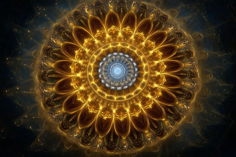 Bleu brillant cercle complexe design fleur fractal geometrique eclat dore Design circulaire avec un motif central complexe ressemblant à une fleur. La fleur est composée de plusieurs couches de pétales, chaque couche rayonnant vers l'extérieur à partir du centre. Les pétales sont dorés et bruns, avec un éclat métallique brillant qui capte la lumière. Le centre de la fleur est d'un bleu profond, presque noir, avec un petit cercle blanc lumineux à son coeur. Le fond est sombre, peut-être noir, et l'effet global est celui de profondeur et de complexité, avec les couches de la fleur créant un sentiment de mouvement et de dynamisme