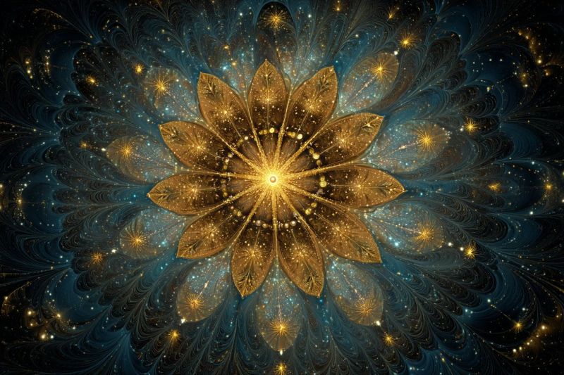 Flower design pattern colorful geometric star galaxy universe space cosmos nebula starry night celestial infinity dreamy large, intricate flower at its center, composed of golden petals that radiate outwards. The petals are detailed with a mix of smooth and textured surfaces, giving them a lifelike appearance. The flower's core is bright yellow, glowing with a soft light that seems to emanate from within. Surrounding the flower are swirling patterns of deep blue and black, creating a starry night sky effect. Scattered throughout the background are small, sparkling dots of light, resembling stars. The overall composition is symmetrical, with the flower and its petals forming a circular pattern that is echoed in the background. The image has a mystical and ethereal quality, with the colors and patterns blending seamlessly to create a sense of depth and movement.
