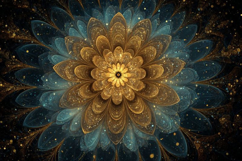 Fleur design geometrique symetrie fractal nature texture profondeur complexite infinite Grande fleur complexe en son centre, composée de multiples couches de pétales. Les pétales sont brun doré avec un éclat métallique et brillant, créant un sentiment de profondeur et de texture. Autour de la fleur centrale se trouvent des couches de pétales bleus, plus translucides et qui semblent être faites d'un matériau délicat, semblable au verre. Le fond est sombre, presque noir, avec des points dorés et bleus dispersés qui ressemblent à des étoiles, ajoutant à l'atmosphère mystique et éthérée. Le design global est très détaillé, avec un sentiment de mouvement et de fluidité, comme si les pétales s'agitaient doucement.