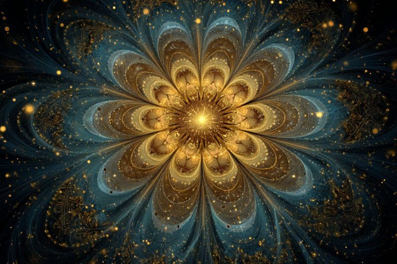 Bleu brillant complexe design fleur fractal geometrique eclat dore etoile texture jaune Grande fleur complexe au centre, composée de multiples couches de pétales. Les pétales sont un mélange de teintes bleu profond et dorées, avec des motifs complexes qui ressemblent à un design fractal. Le coeur de la fleur est jaune vif, irradiant vers l'extérieur. Autour de la fleur se trouvent de plus petits points dorés dispersés qui ajoutent un effet étincelant. Le fond est sombre, mettant en valeur les couleurs vives de la fleur et des points. La composition globale est symétrique, avec les couches de la fleur créant un sentiment de profondeur et de complexité