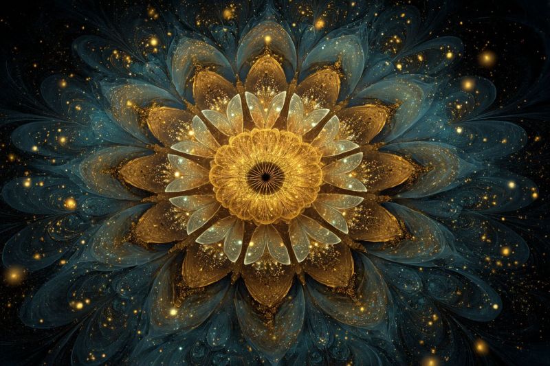Beautiful blue bright colorful complex design flower fractal geometric glowing gold pattern star texture large, intricate flower at its center, composed of multiple layers of petals. The petals are golden-brown with a glossy, reflective surface, creating a shimmering effect. Surrounding the flower are layers of blue and teal petals, which are more translucent and appear to be made of glass or crystal. The background is dark, with scattered golden and yellow lights that resemble stars, adding to the mystical and ethereal atmosphere. The overall design is highly detailed, with a sense of depth and complexity, suggesting a blend of natural and fantastical elements.