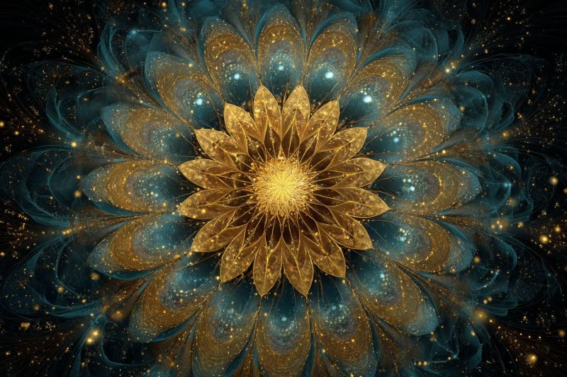 Fleur magnifique bleu lumineux complexe design elegant fractal geometrique eclatant dore texture Grande fleur complexe en son centre, composée de pétales dorés qui se chevauchent et rayonnent vers l'extérieur. Les pétales sont ornés de teintes dorées et bleues scintillantes, créant un effet étincelant. Le coeur de la fleur est d'un jaune vif, entouré d'un dégradé de bleu et d'or qui se fond dans le fond. Le fond est sombre, avec des lumières dorées et bleues dispersées qui ressemblent à des étoiles, ajoutant à l'atmosphère mystique et éthérée. Le design global est très détaillé, avec un sens de profondeur et de mouvement, comme si la fleur flottait dans un espace cosmique