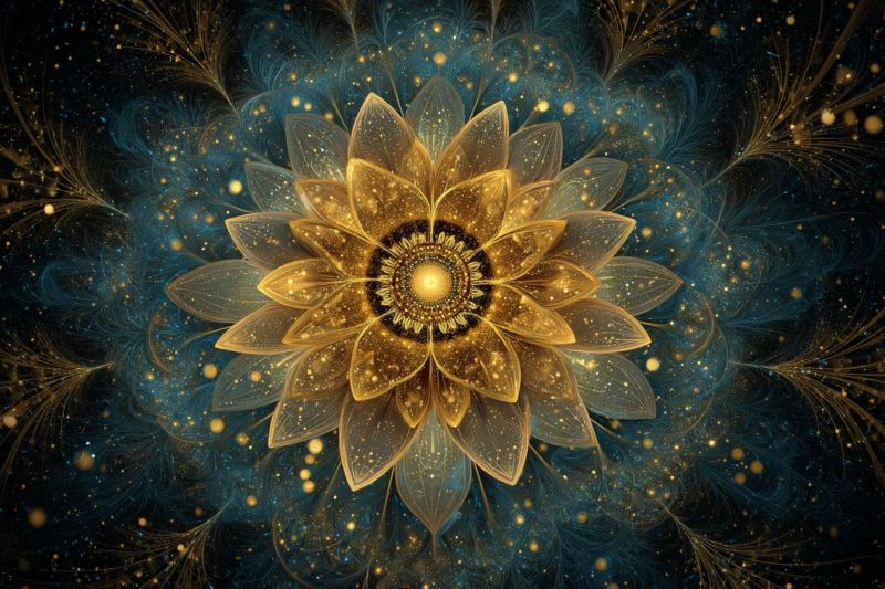 Fleur design geometrique nature floral symetrie fractal infinite Fleur dorée large et complexe au centre, entourée d'un motif bleu et doré complexe et tourbillonnant. La fleur a plusieurs couches de pétales, chacun détaillé avec une teinte dorée et un effet scintillant. Le centre de la fleur est un cercle jaune vif, rayonnant vers l'extérieur. Le fond est d'un bleu profond avec des taches dorées et jaunes dispersées, créant un effet d'étoiles. Le design global est très détaillé et symétrique, avec un sentiment de profondeur et de mouvement.