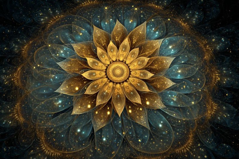 Beautiful blue bright circle colorful complex design flower fractal geometric gold golden glow pattern texture large, intricate flower at its center, surrounded by a complex, multi-layered design. The flower itself is golden with a deep yellow center, and its petals are layered and translucent, giving it a three-dimensional appearance. The petals are adorned with small, sparkling dots that resemble stars, adding a celestial touch. The background is a deep blue, almost black, with a gradient effect that fades into the distance. The overall design is symmetrical, with the flower's petals extending outward in a circular pattern, creating a sense of depth and movement. The image is highly detailed, with a focus on texture and light, giving it a magical and otherworldly feel.