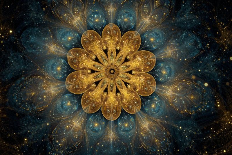 Blue bright colorful complex cosmic design flower fractal galaxy geometric glowing golden pattern space star central golden flower with intricate, layered petals that radiate outward. The flower is surrounded by a complex, abstract pattern of blue and gold, resembling a galaxy or nebula. The background is dark, with scattered golden and blue lights that give the impression of stars. The overall design is symmetrical, with the flower at the center and the patterns flowing outward in a circular motion. The colors and patterns create a sense of depth and movement, as if the flower is floating in a cosmic space.