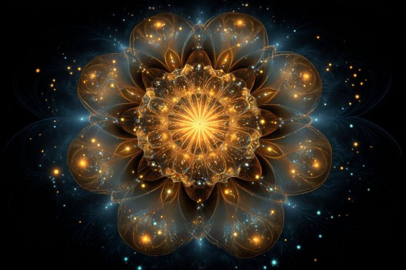 Magnifique bleu lumineux centre complexe fleurs fractal geometrique eclat dore Grand dessin de fleur complexe au centre, composé de teintes dorées et bleues. La fleur a plusieurs couches de pétales, chacun avec une qualité légèrement translucide et scintillante. Les pétales sont disposés en un motif en spirale, rayonnant à partir d'un centre doré brillant. Le fond est sombre, avec des points bleus et jaunes éparpillés qui ressemblent à des étoiles, ajoutant à l'atmosphère mystique et éthérée. L'effet global est celui d'une fleur magique et lumineuse flottant dans un espace sombre et étoilé.