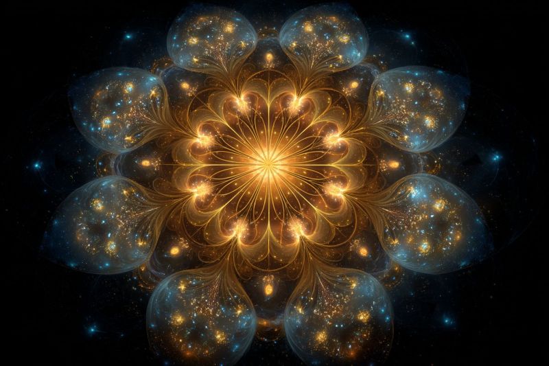 Bleu brillant complexe design fleur fractal geometrique lumineux dore espace Fleur dorée centrale, radieuse avec des pétales complexes et tourbillonnants qui semblent briller d'une lumière chaude et dorée. Autour de cette fleur centrale se trouvent plusieurs formes translucides en forme de bulles, chacune remplie d'un mélange de lumières bleues et jaunes qui scintillent comme des étoiles. Ces bulles sont disposées en un motif circulaire autour de la fleur centrale, créant une composition symétrique et harmonieuse. Le fond est sombre, mettant en valeur la luminosité et la vivacité de la fleur centrale et des bulles environnantes. L'effet global est celui d'une beauté éthérée et d'un merveilleux cosmique.