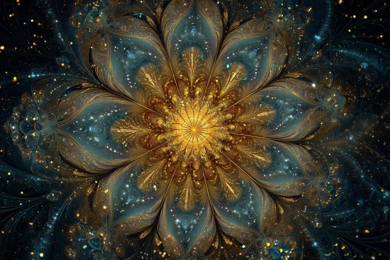 Fleur magnifique bleu lumineux complexe design elegant fractal geometrique eclatant dore Grande fleur complexe en son centre, composée de multiples couches de pétales. Les pétales sont dorés et bleus, avec une texture métallique scintillante qui capte la lumière. Le coeur de la fleur est d'un jaune vif, irradiant vers l'extérieur. Autour de la fleur se trouvent de plus petits motifs complexes qui ressemblent à des feuilles et des vignes, également dans des nuances de bleu et d'or. Le fond est sombre, avec des points dorés et bleus dispersés qui ajoutent à l'ambiance mystique et éthérée de l'image
