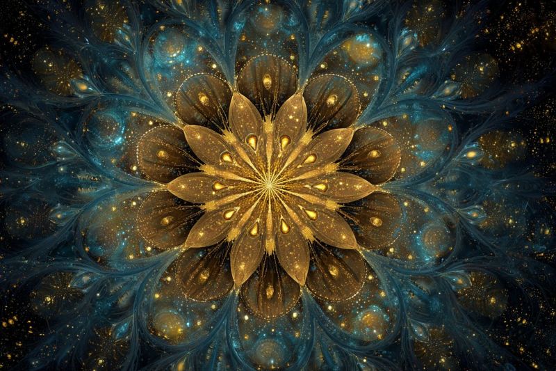 Bleu brillant complexe design fleur fractal geometrique lumineux dore paon plume queue Fleur dorée centrale avec des pétales complexes et superposés qui rayonnent vers l'extérieur. Les pétales sont ornés de points dorés étincelants, donnant à la fleur une apparence radieuse, presque céleste. Autour de la fleur se trouve un motif abstrait complexe de couleurs bleues et turquoise tourbillonnantes, ressemblant à une nébuleuse ou à une galaxie. Le fond est un bleu profond et sombre, parsemé de petites étoiles jaunes et dorées lumineuses. L'effet global est celui d'une beauté mystique et d'un autre monde, avec la fleur dorée se détachant comme un point focal au milieu du fond cosmique tourbillonnant.